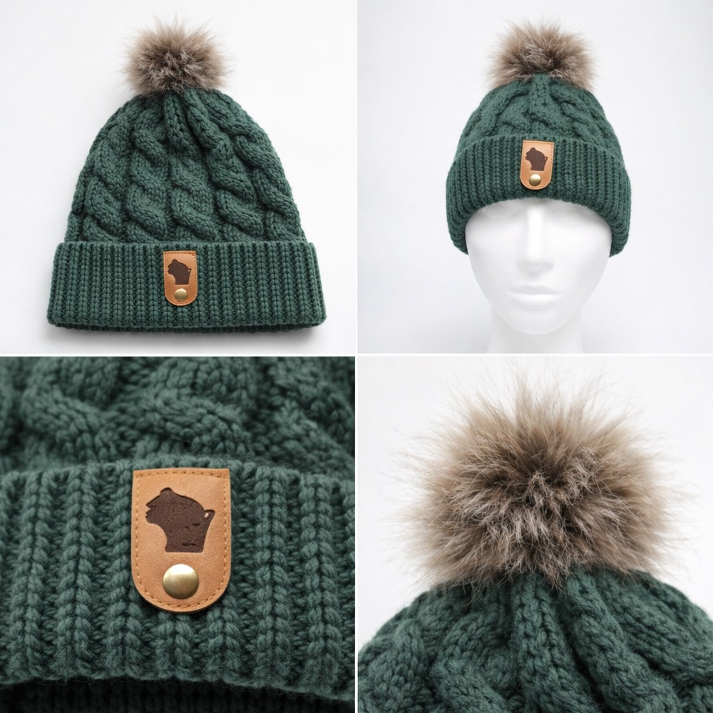 Blue Mountain Co Wisconsin Leather Patch Pom Beanie Cabin Core Winter Hat